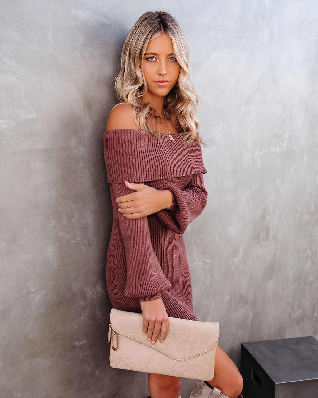 Tammy Off The Shoulder Ribbed Knit Sweater Dress - Cinnamon - FINAL SALE