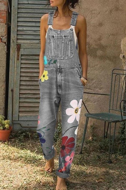 KittenAlarm -  Flower-printed Baggy Jeans With Suspenders(3 Colors)