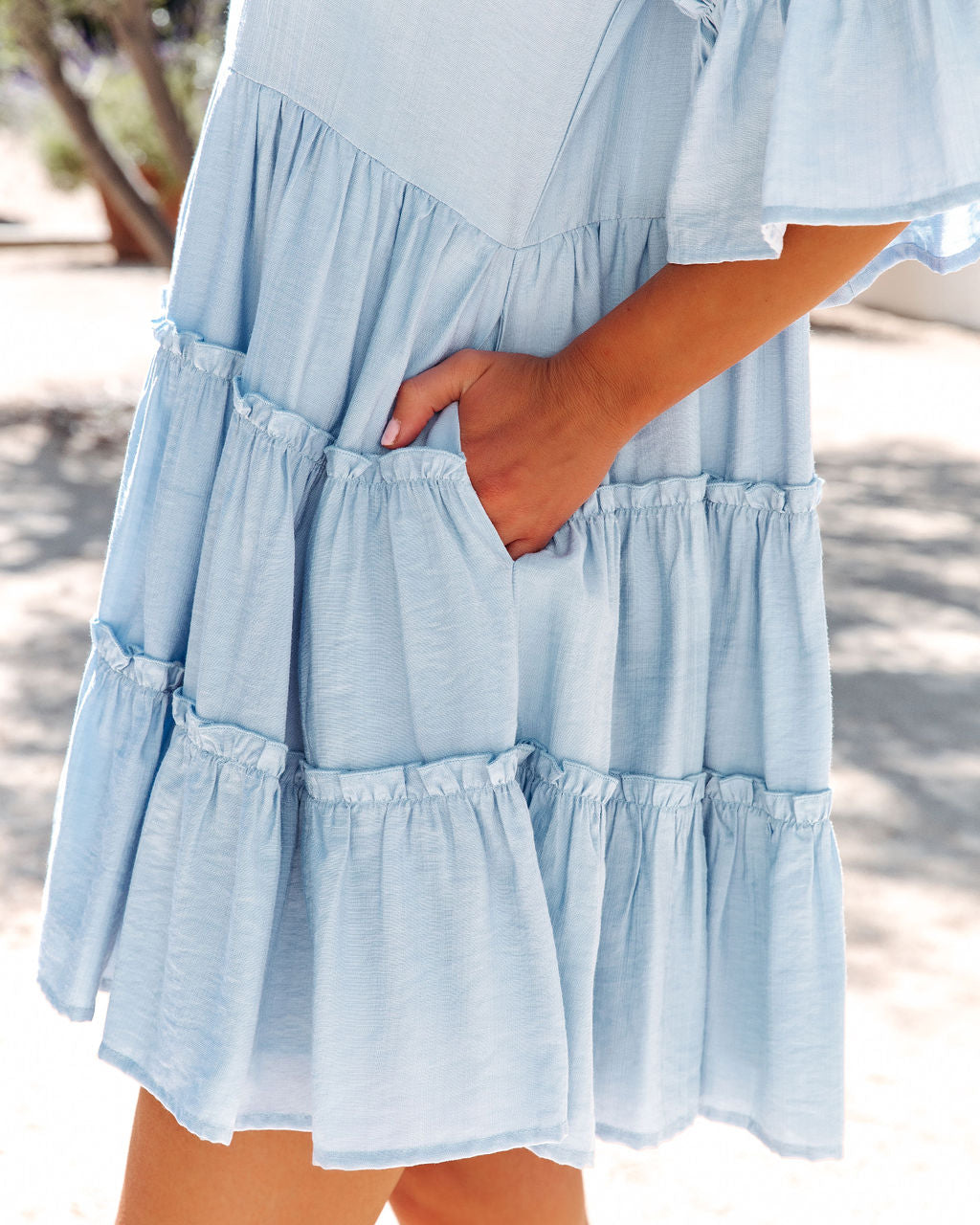 Alicia Pocketed Ruffle Tiered Babydoll Dress - Light Blue