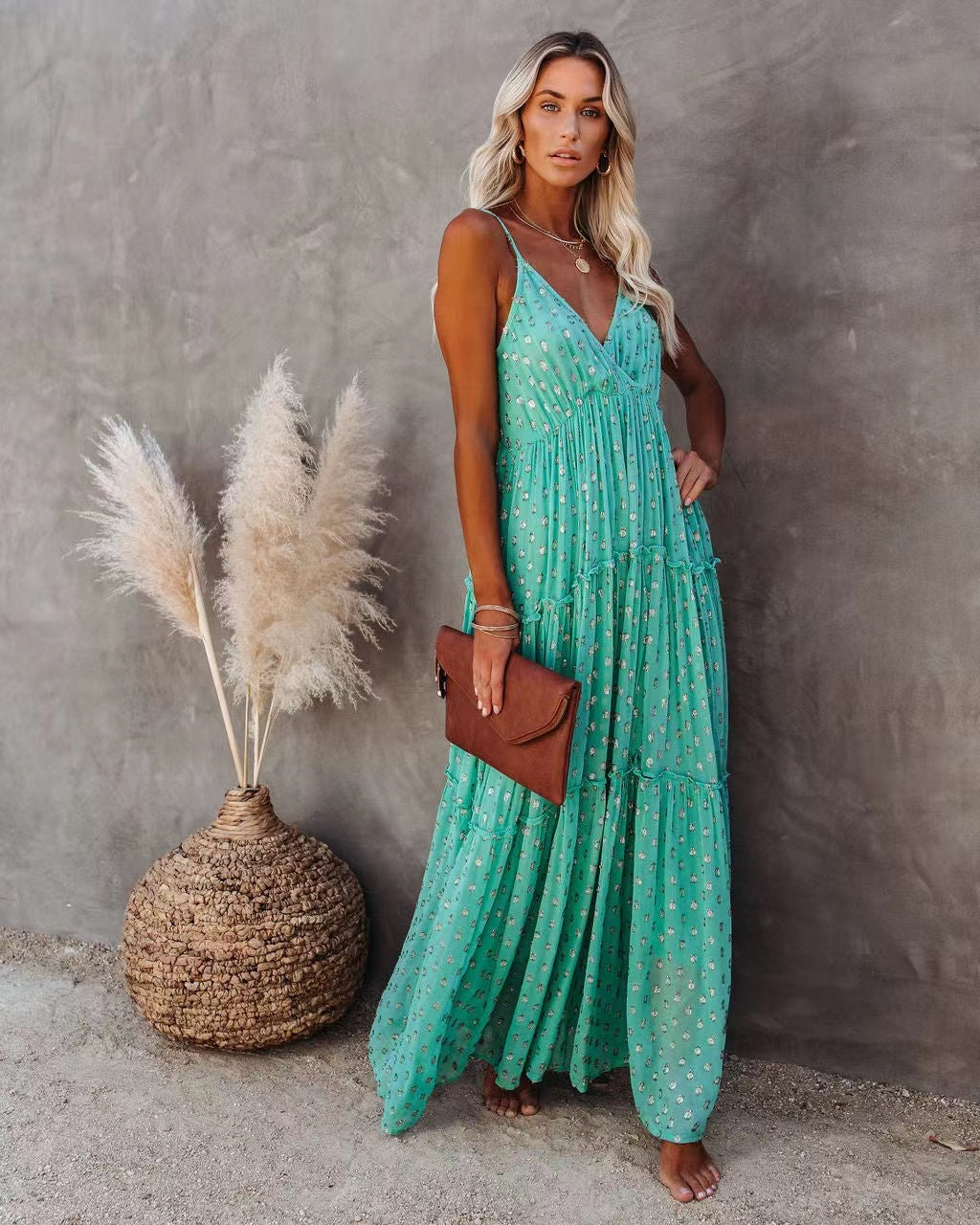 Odessa Metallic Detailed Maxi Dress - Teal