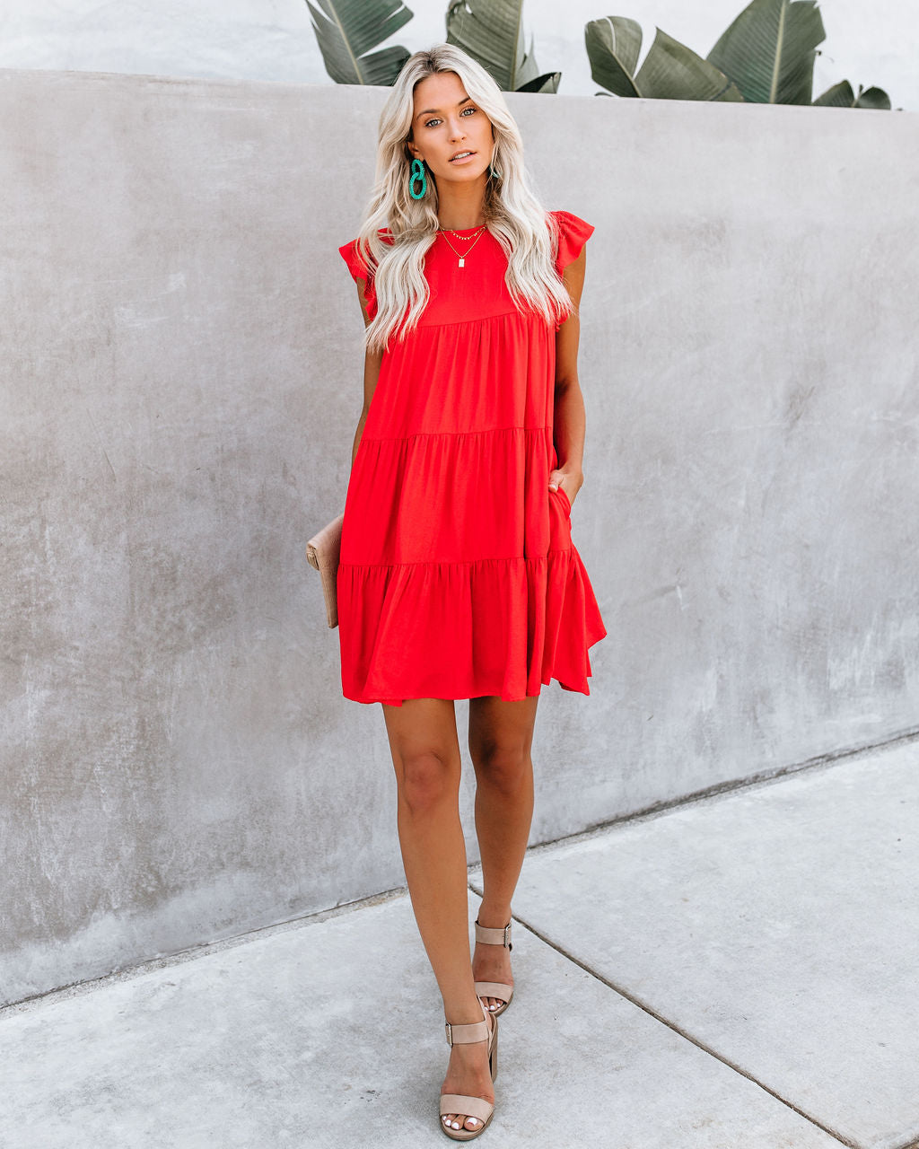 East Coast Pocketed Tiered Babydoll Dress - Red