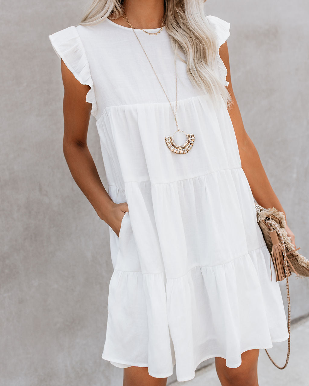 East Coast Pocketed Tiered Babydoll Dress - White