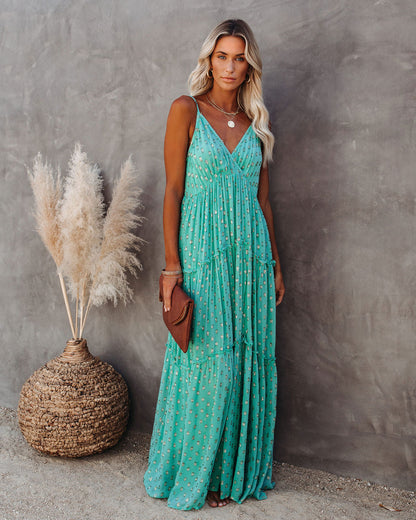 Fathoms Below Adjustable Metallic Tiered Maxi Dress - Seafoam