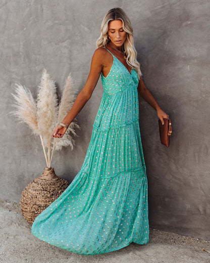 Fathoms Below Adjustable Metallic Tiered Maxi Dress - Seafoam