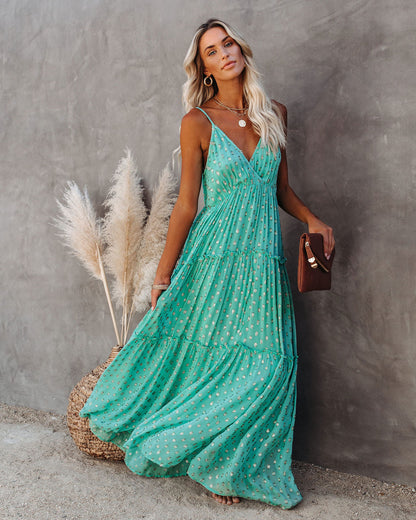 Fathoms Below Adjustable Metallic Tiered Maxi Dress - Seafoam