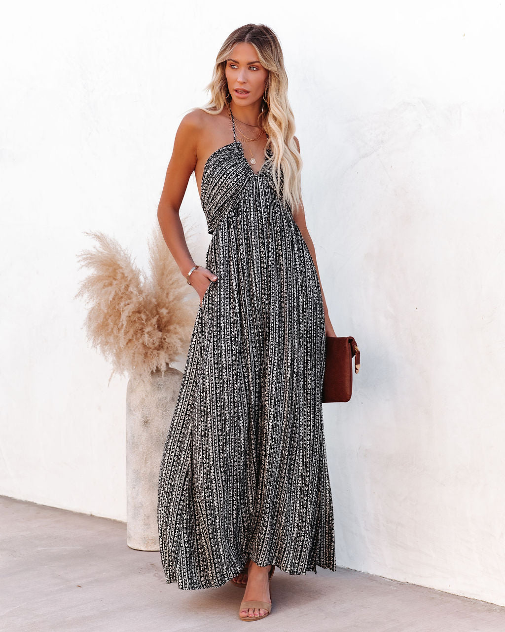 Gael Pocketed Printed Halter Maxi Dress