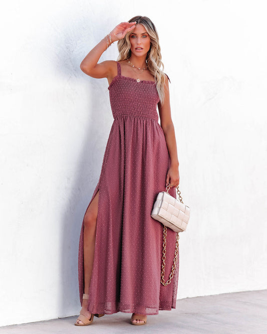 Hazelle Smocked Swiss Dot Maxi Dress - Dark Mauve