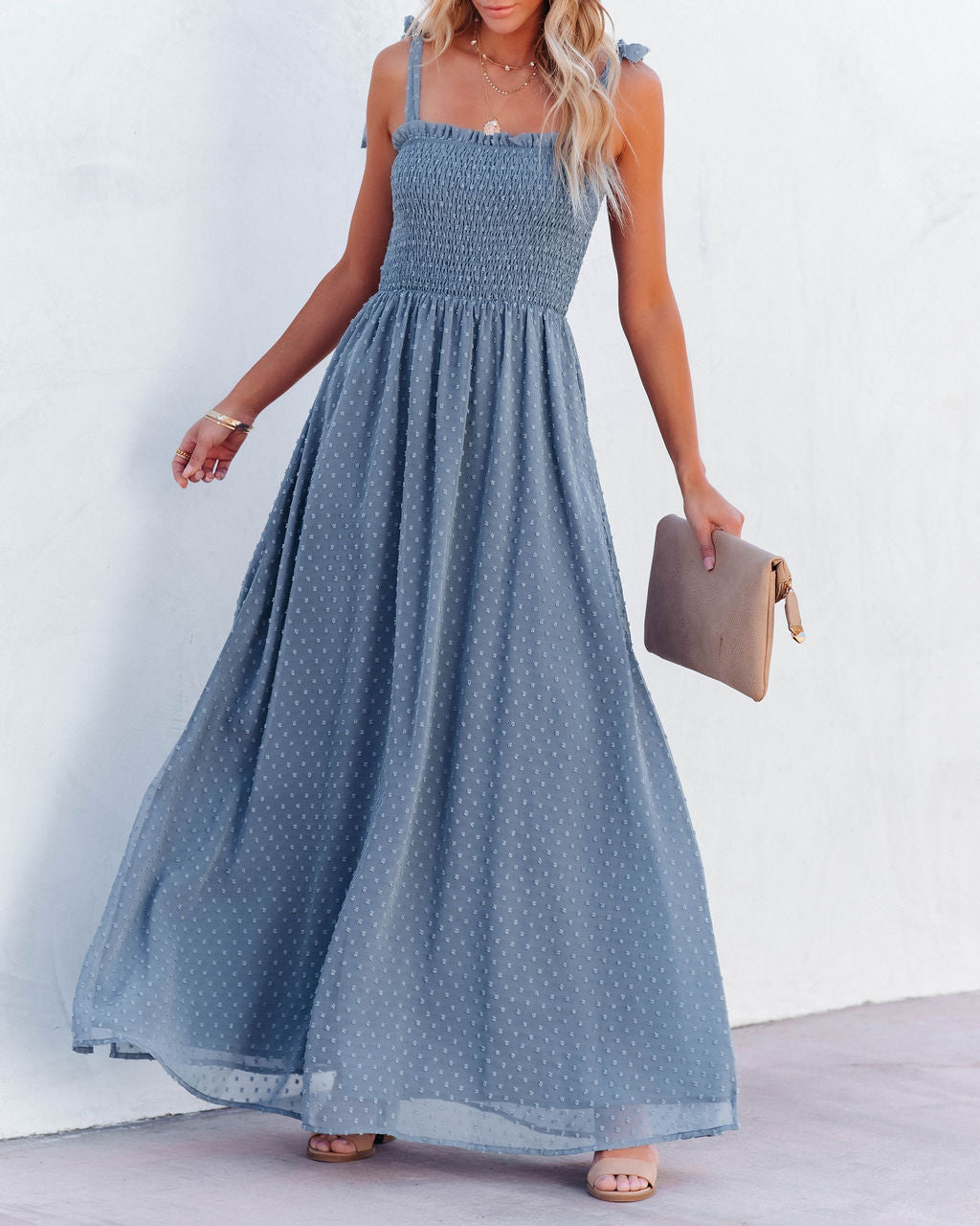 Hazelle Smocked Swiss Dot Maxi Dress - French Blue