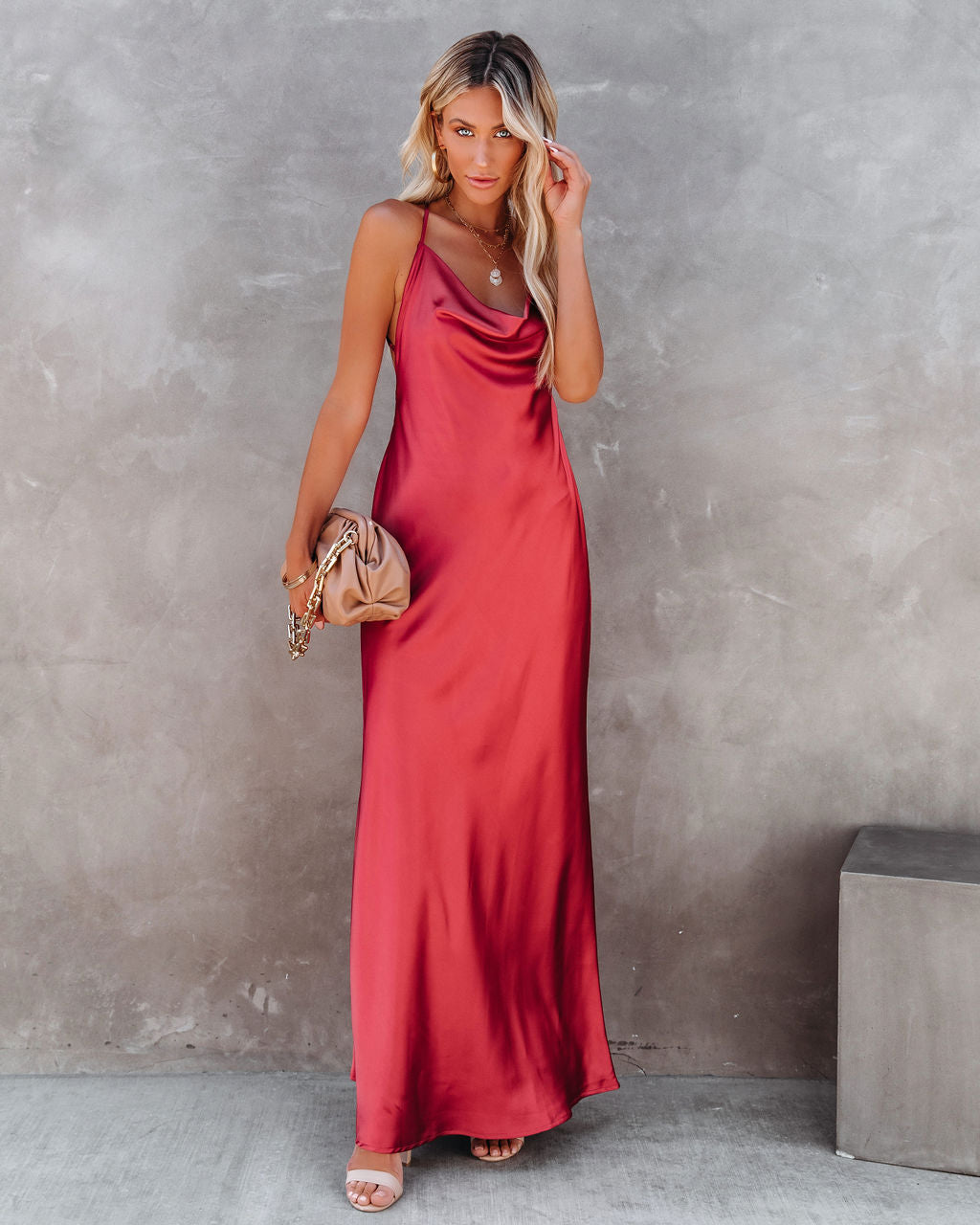 Love Letter Satin Cowl Neck Maxi Dress - Rust