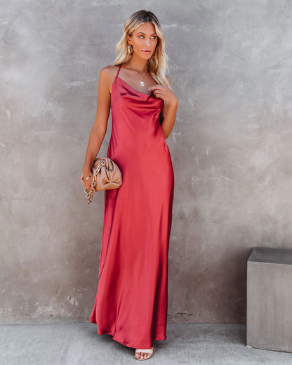 Love Letter Satin Cowl Neck Maxi Dress - Rust