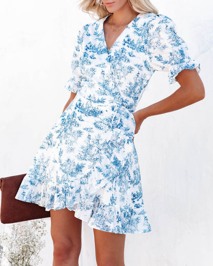 Mayflower Cotton Printed Wrap Dress - Blue