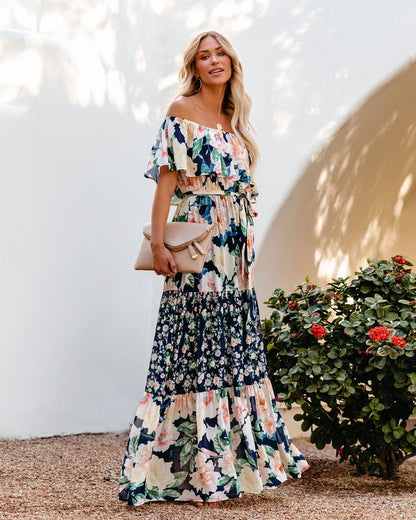 Petal Power Floral Off The Shoulder Maxi Dress - Navy