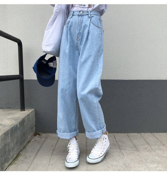KittenAlarm - Jeans Women Solid Vintage High Waist Wide Leg Denim Trousers Simple Students All-match Loose Fashion Harajuku Womens Chic Casual