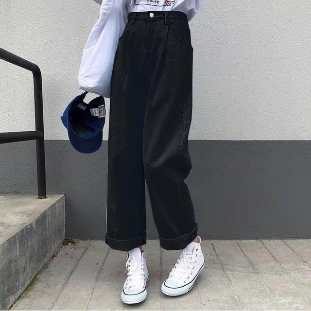 KittenAlarm - Jeans Women Solid Vintage High Waist Wide Leg Denim Trousers Simple Students All-match Loose Fashion Harajuku Womens Chic Casual