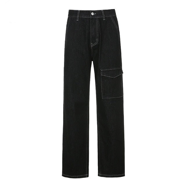 KittenAlarm - Weekeep Pockets Patchwork Baggy Jeans Fashion Streetwear 100% Cotton Women Denim Trouser Loose Cargo Pants Korean Jeans Harajuku
