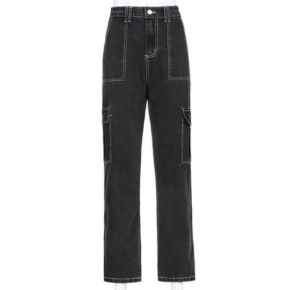 KittenAlarm - Weekeep Pockets Patchwork Baggy Jeans Fashion Streetwear 100% Cotton Women Denim Trouser Loose Cargo Pants Korean Jeans Harajuku