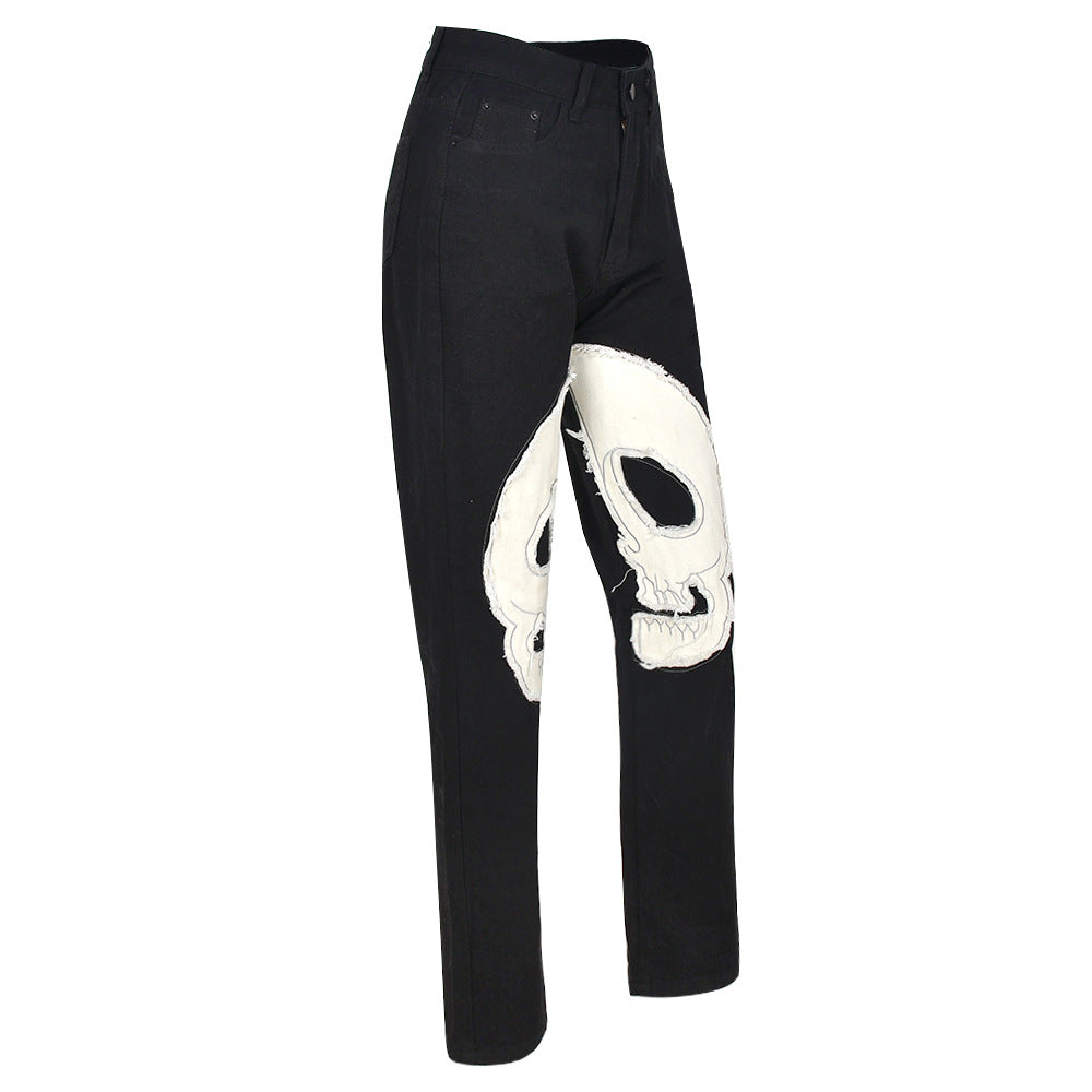 KittenAlarm - Womens Fashion Skull Patterned Low Rise Jeans Streetwear Women Clothing Black Denim Trousers Cyber Y2k Aesthetic Goth Pants C82-DI53