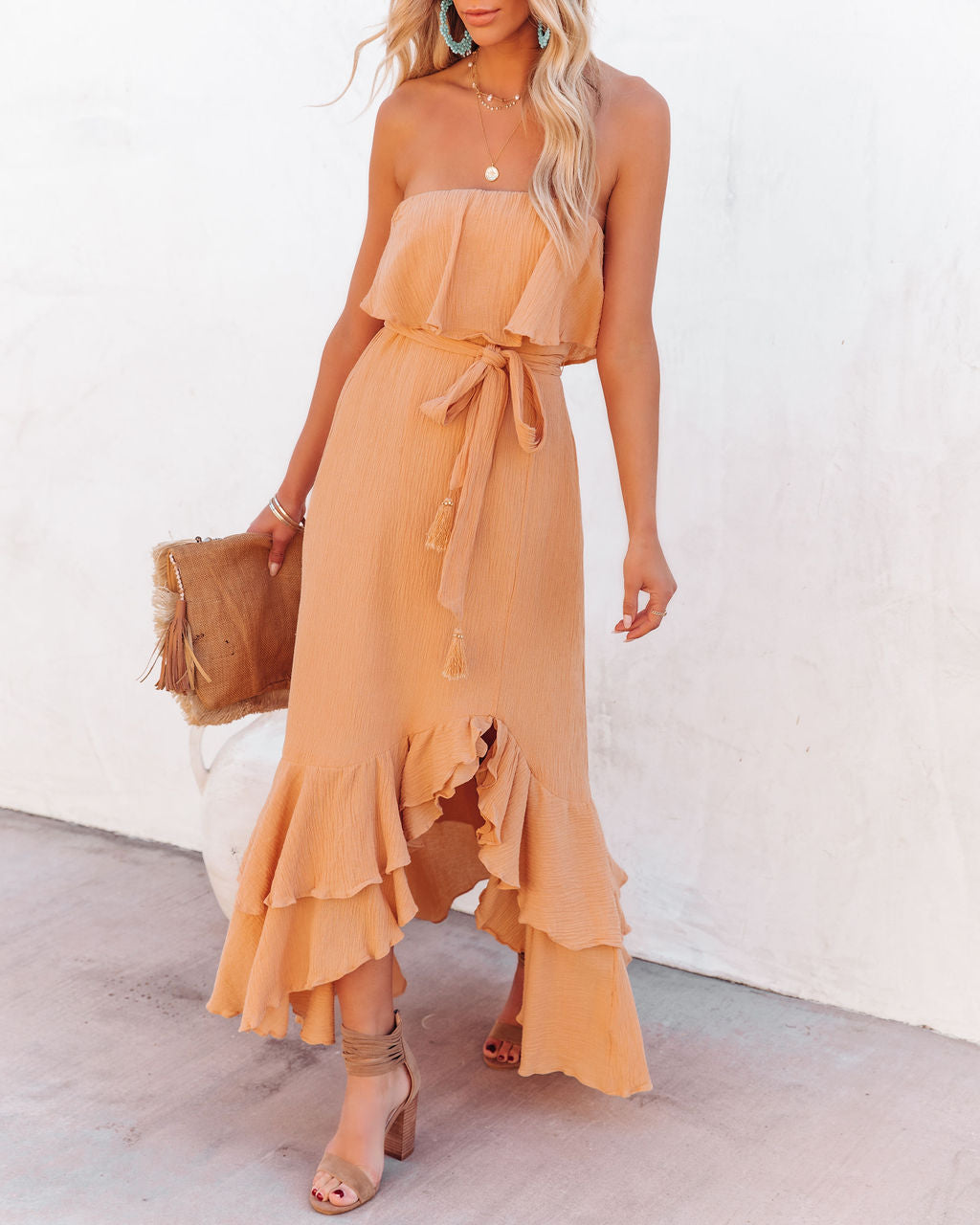 Rosemont Cotton Linen Strapless High Low Maxi Dress - Peach
