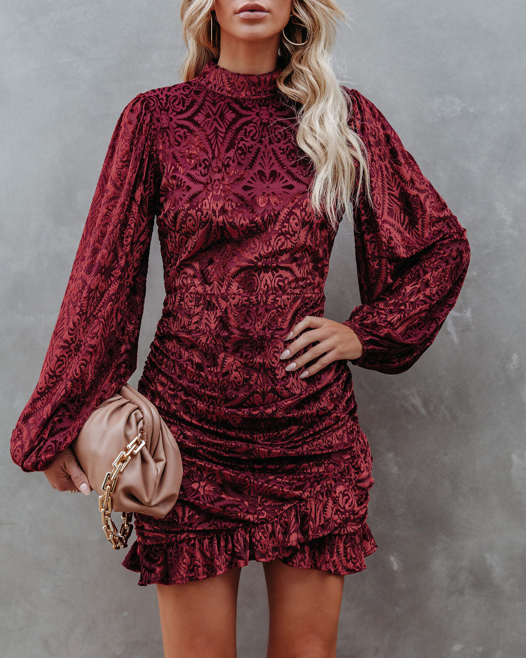 Salem Ruched Velvet Mini Dress - Brick