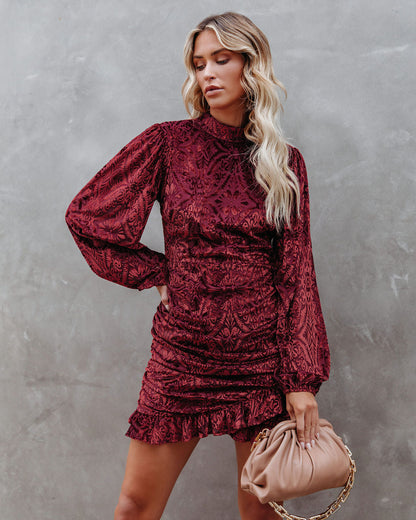 Salem Ruched Velvet Mini Dress - Brick