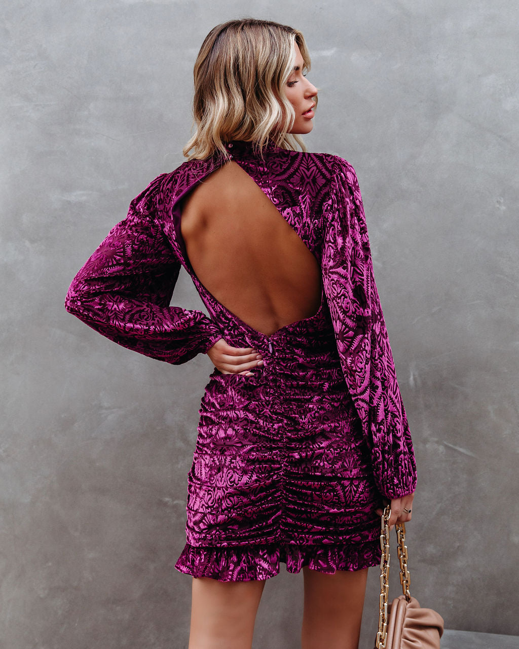 Salem Ruched Velvet Mini Dress - Grape