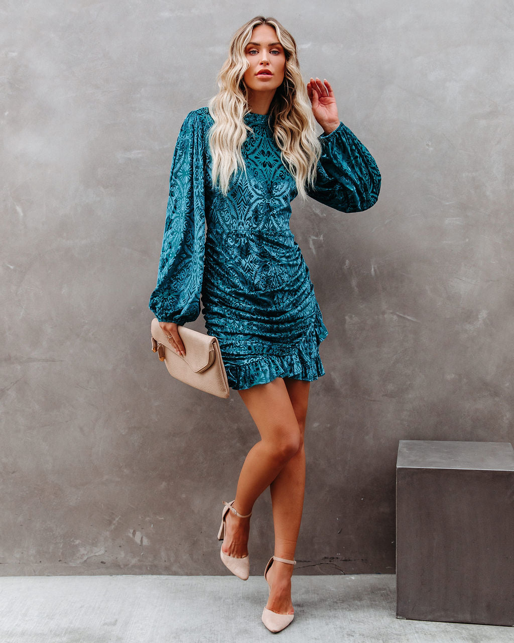 Salem Ruched Velvet Mini Dress - Teal