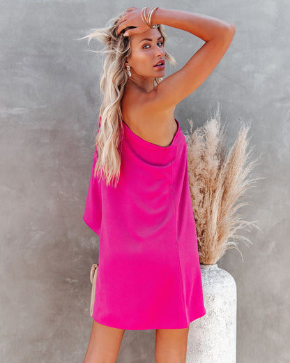 Side To Side One Shoulder Statement Dress - Fuchsia