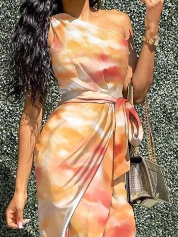 Sleeveless Oblique Shoulder Gradient Irregular Dress