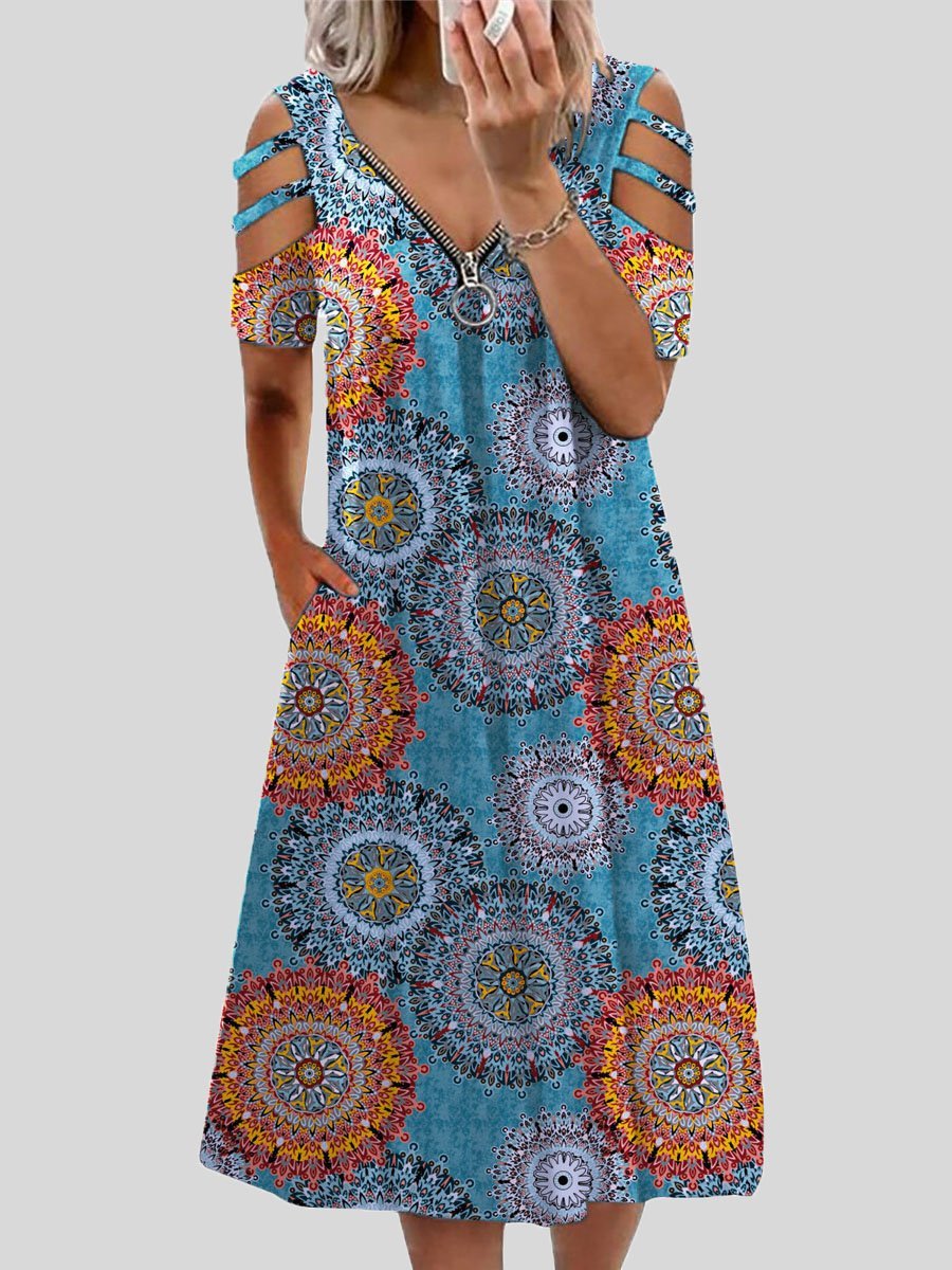 V-neck Printed Zipper Short-sleeved Dress