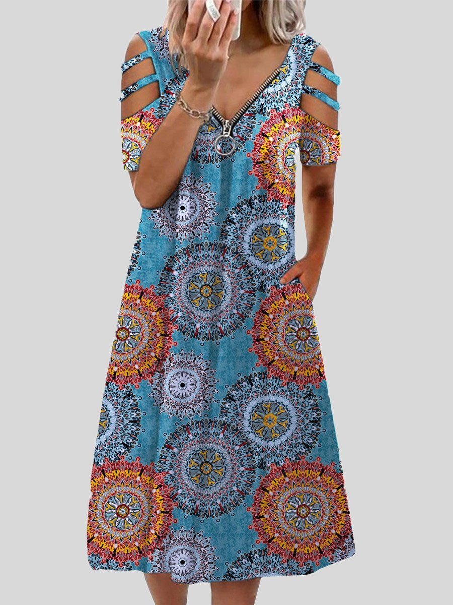 V-neck Printed Zipper Short-sleeved Dress Ins Street