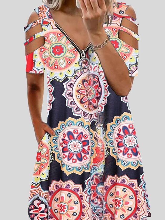 V-neck Printed Zipper Short-sleeved Dress