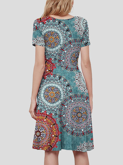 V-neck Short-sleeved Sun Flower Print Dress