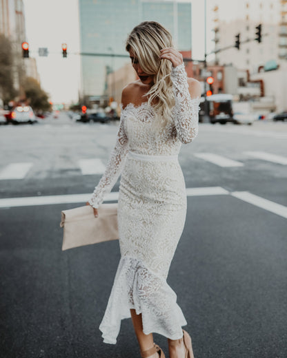 Elegance Lace Trumpet Dress - White