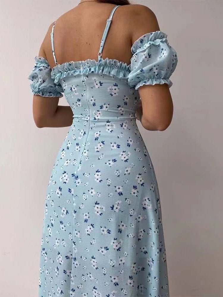 KittenAlarm - Floral Print Sling Off-The-Shoulder Slit Dress