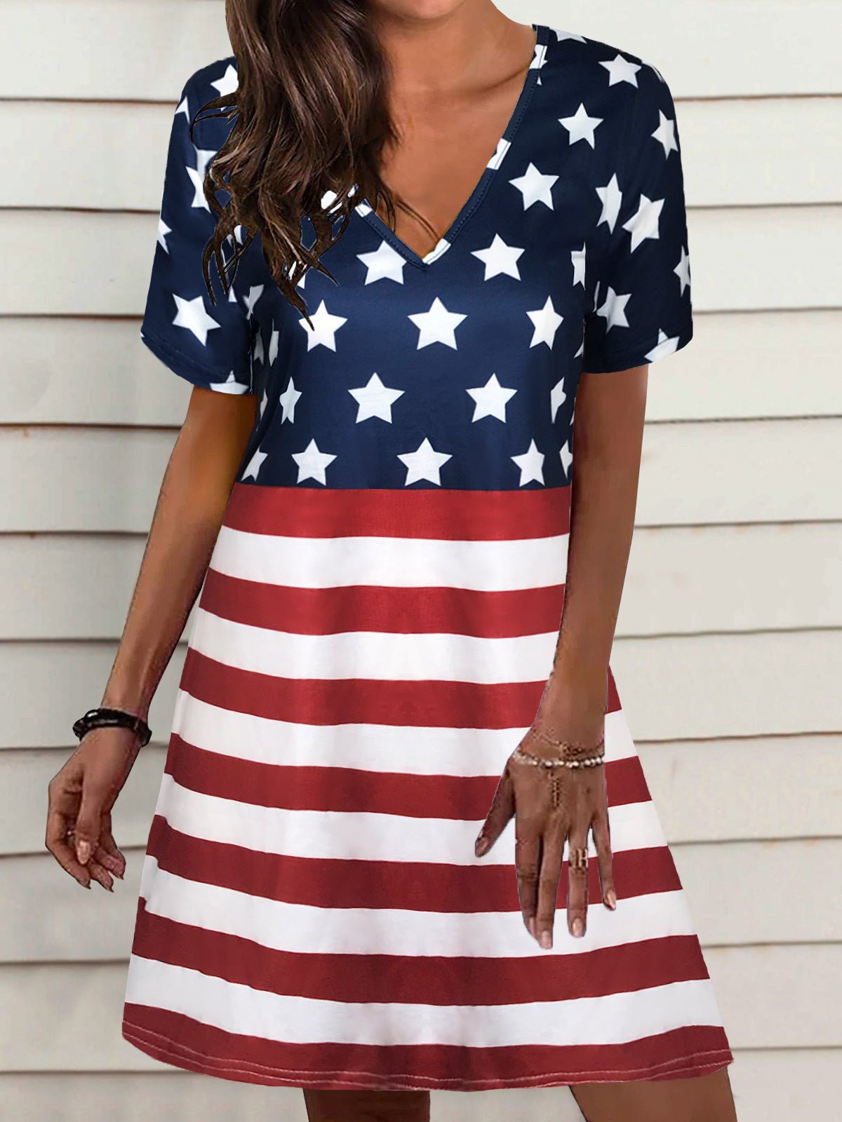 Loose Star Stripe V-Neck Short Sleeve Dress Ins Street