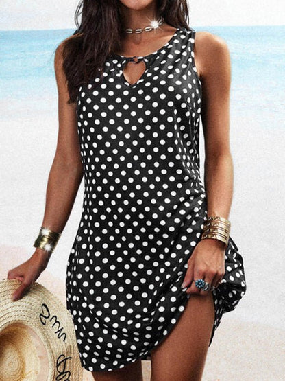 Polka Dot Print Crew Neck Sleeveless Dress