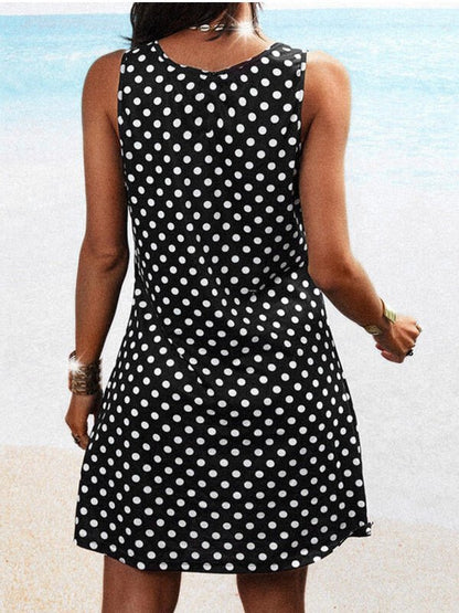 Polka Dot Print Crew Neck Sleeveless Dress