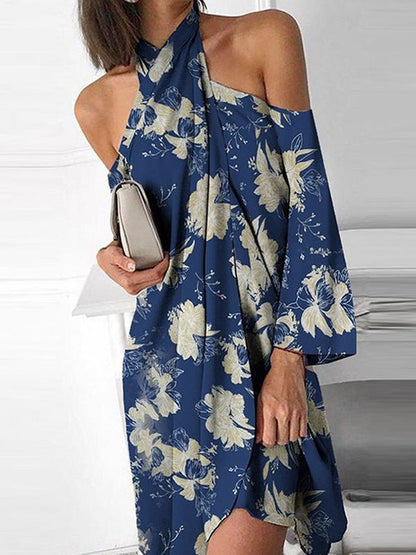 Printed Halter Off-Shoulder Irregular Dress