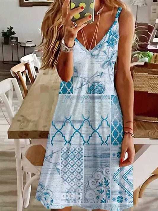 Printed Sling V-Neck Sleeveless Dress Ins Street