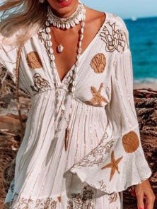 Printed V-Neck Fringed Long-Sleeve Dress