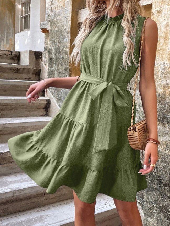 Solid Tie Ruffle Sleeveless Dress