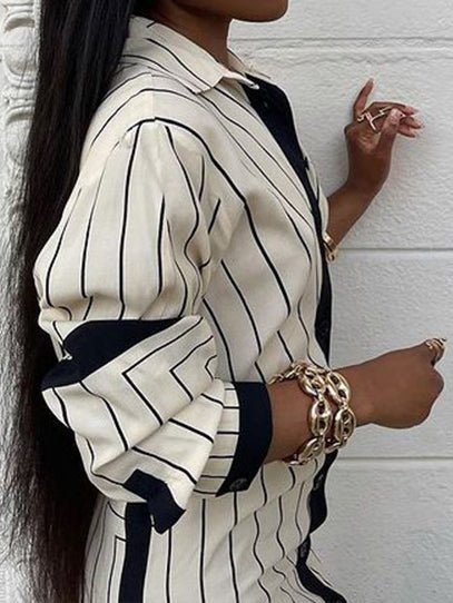 KittenAlarm - Striped Lapel Button Long Sleeve Shirt Dress